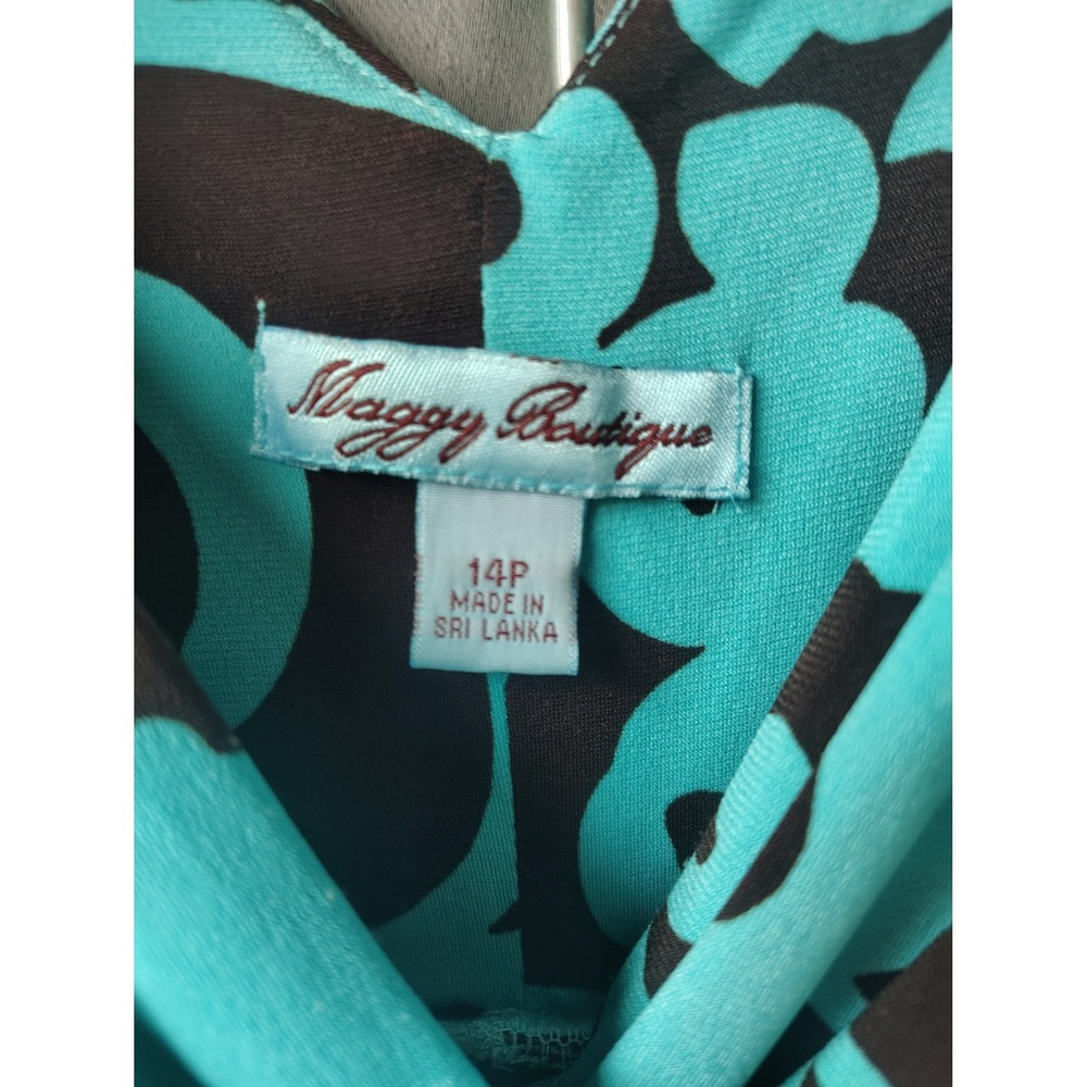 Maggy Boutique Turquoise Brown Floral Ruched V-Neck Dress Womens 14P Petite - Picture 2 of 3